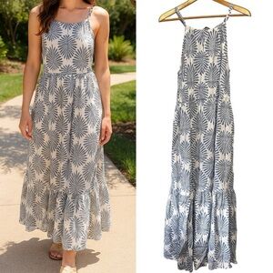 Joie Blue White Linen Blend Halter Top Tiered Maxi Dress Palm Leaf Print Size L